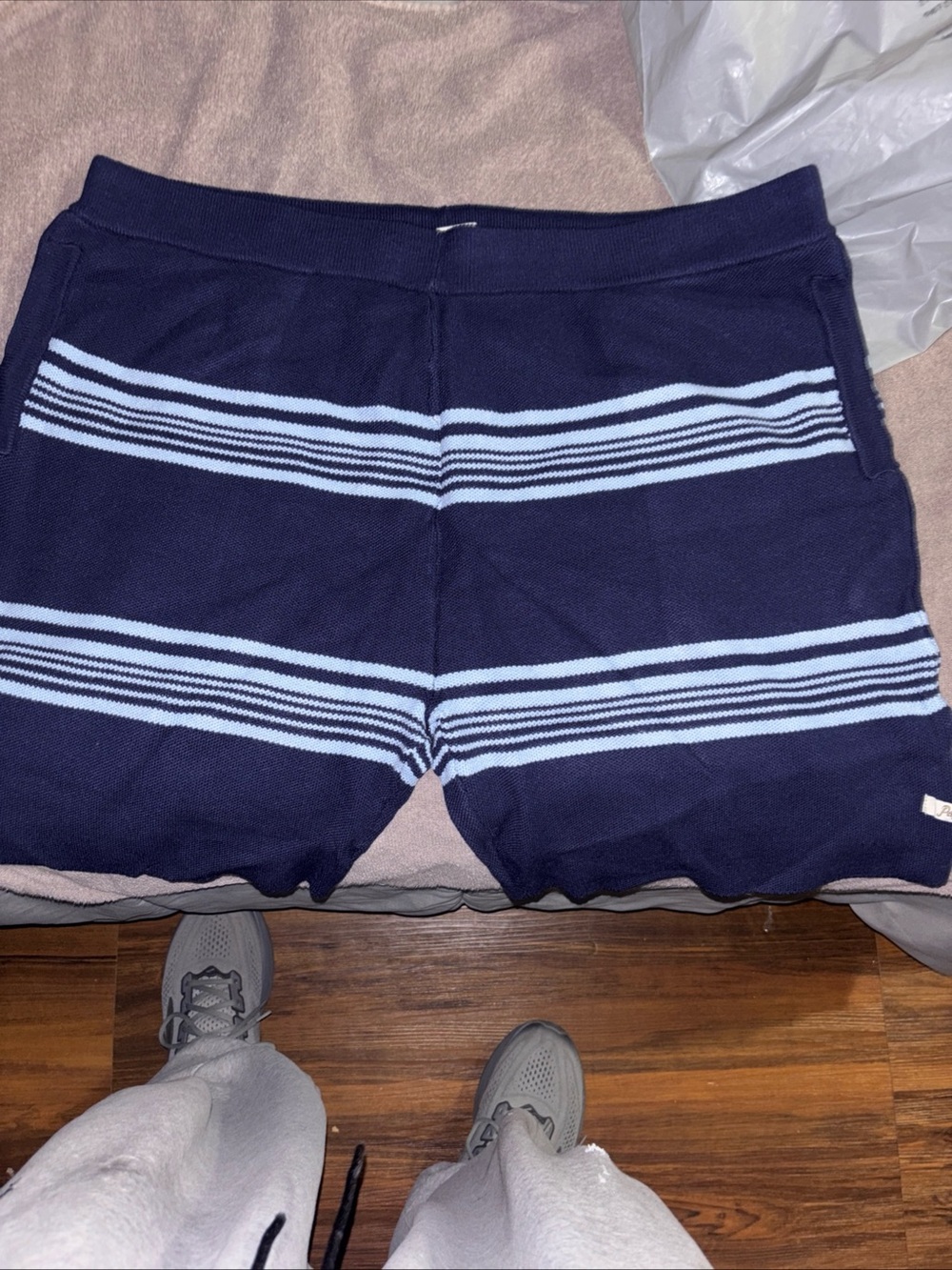 Paperplane Navy Knit Shorts with Light Blue Stripes